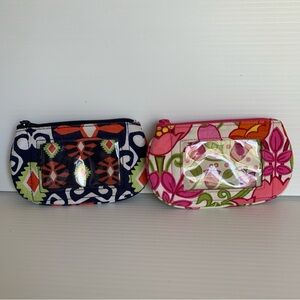 Vera Bradley ID Card Holder Coin Purse Pink Floral / Aztec Zip Pouch LOT OF 2